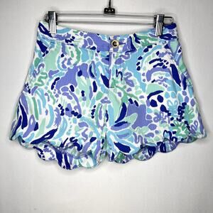 Lilly Pulitzer Blue Floral Buttercup Shorts Scallop Hem 100% Cotton Summer 00